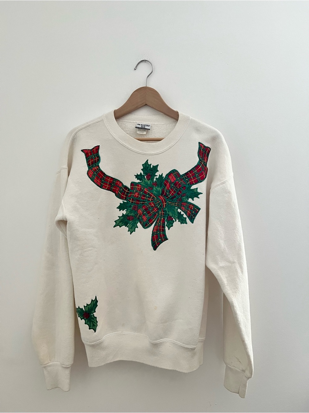 Lee Cream Crewneck Sweater with Red & Green Tartan Bow